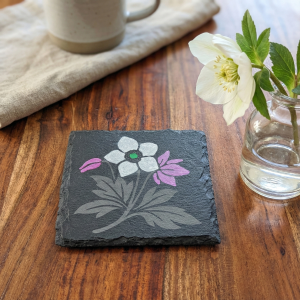 hand painted botanical slate coasters with walnut holder winter collection two