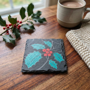 hand painted botanical slate coasters with walnut holder winter collection one