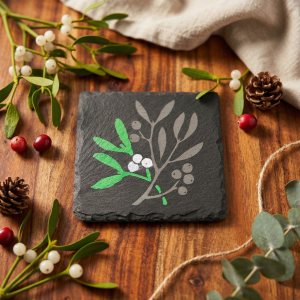hand painted botanical slate coasters with walnut holder winter collection two