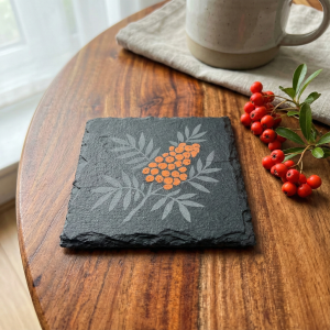 hand painted botanical slate coasters with walnut holder winter collection two