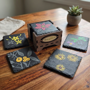 hand painted botanical slate coasters with walnut holder winter collection one