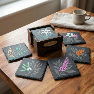 hand painted botanical slate coasters with walnut holder winter collection two